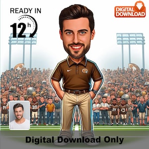 Caricatura personalizada de treinador masculino – Retrato personalizado de treinador esportivo – Presente engraçado para treinadores esportivos e líderes de equipe, treinador engraçado, foto de desenho animado