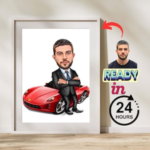 Custom Business Man with Luxury Car Caricature - Personalized Executive Portrait Gift for Him. Success Celebration, Luxury Lifestyle Art