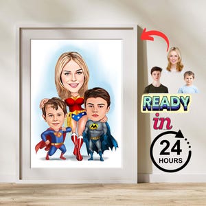 Custom Superhero Mom and sons Caricature Family ,Cartoon Portrait, Mom and Sons Caricature, Superhero Caricature, Caricature from Photo