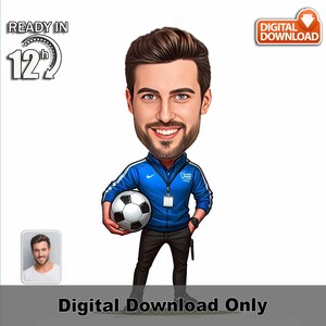 Benutzerdefinierte männliche Fußballtrainer Karikatur, Cartoon-Fotokunst, personalisiertes Sportgeschenk, lustige Mannschaftscoach-Illustration, Fußball-Wanddekor für ihn