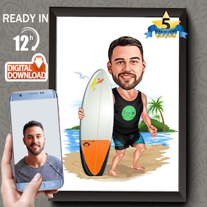 Custom Surfing Gift, Surfing Caricature from Photo Art, Funny Surfing Digital Portrait, Surfing Cartoon Drawing, Surfing Gift