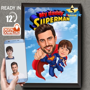Personalized Superhero Dad and Son Cartoon Portrait (Digital Download)