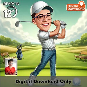 Caricatura personalizada de jogador de golfe masculino, retrato de golfe de desenho animado personalizado, presente esportivo personalizado para ele, arte digital engraçada de golfe, pronto em 12 horas