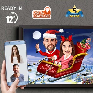 Kerstpaar kerstman karikatuur cadeau van foto's, aangepaste paar cartoon, wenskaart minnaar, uniek kerstcadeau, idee kerstcadeau vriendje