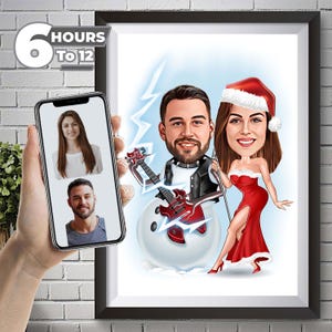 Mrs Claus & Snowman Caricature, Christmas Couple Portraıt Gift, Xmas Gift for Husband