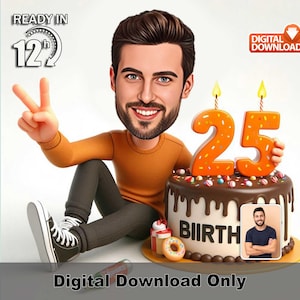 Custom Male 25th birthday caricature, cartoon photo art, teen music lover gift, funny party wall décor, celebration artwork for him,