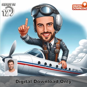 Caricatura personalizada de piloto masculino – download digital personalizado de retrato de aviador em desenho animado com avião, presente engraçado de piloto para ele, pronto em 12 horas,