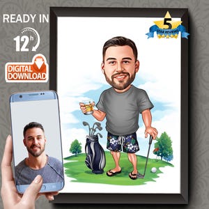 Personalized Golfer Caricature Portrait: Funny Golf Gift (Digital Download)