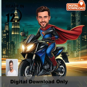 Kundenspezifischer Superheld auf Fahrradkarikatur, Karikaturporträt mit Umhang, schnelle 12-Stunden-Lieferung, personalisiertes Geschenk für Biker oder Heldenfan, Superheld