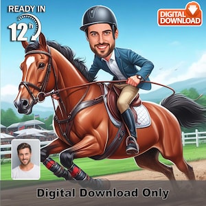 Caricatura personalizada de cavaleiro masculino, pista de corrida, retrato de desenho animado equestre, presente personalizado, arte digital em 12 horas, cavaleiro engraçado,