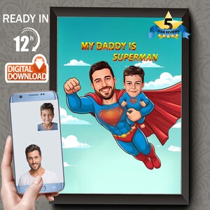 Personalized Superhero Dad and Son Cartoon Portrait (Digital Download)