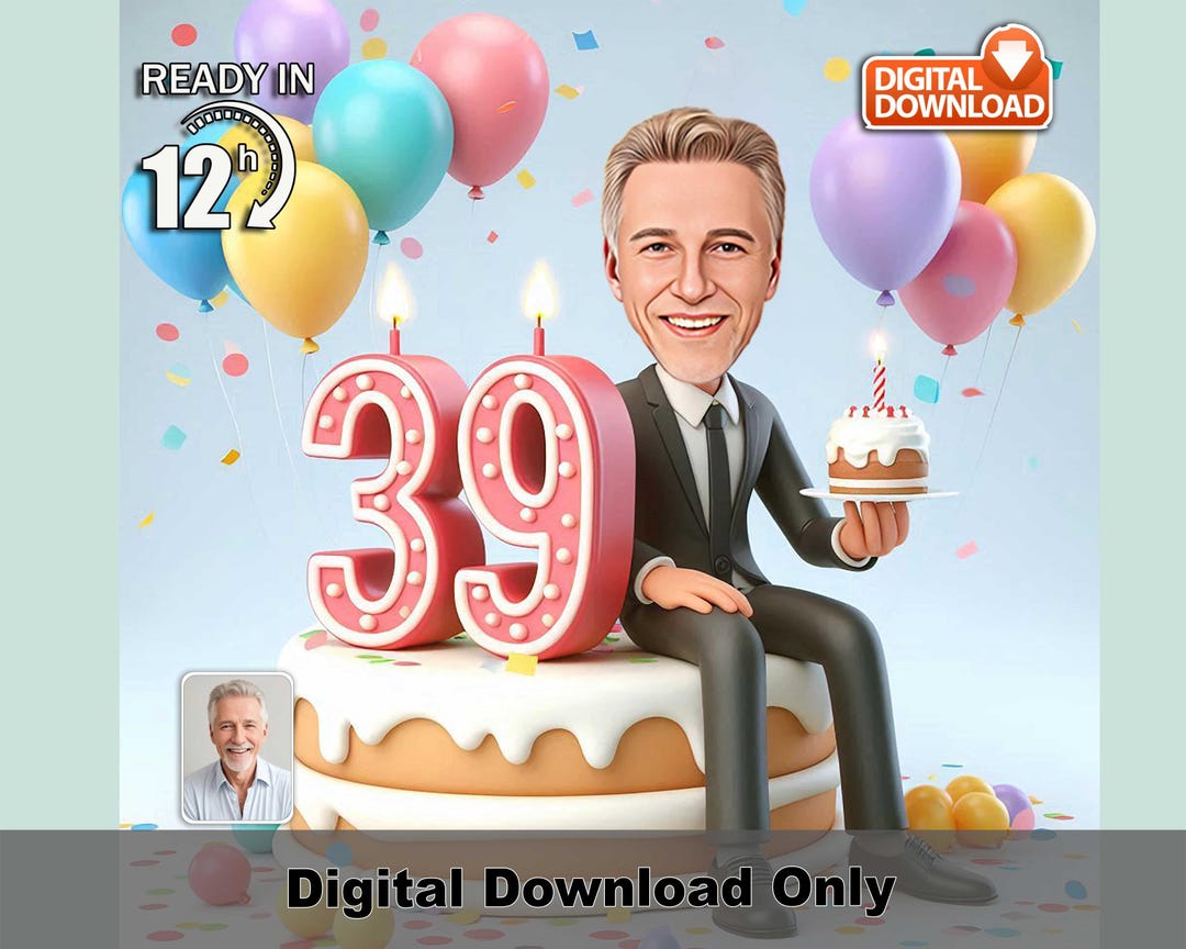 Custom Male Boss 39th Happy Birthday Caricature With Cake, Cartoon ...