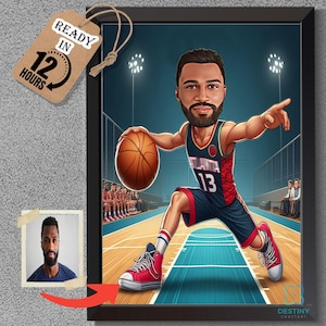 Ritratto di un giocatore di basket degli Atlanta Hawks, caricatura personalizzata e divertente di un giocatore di basket da una foto, regalo per un giocatore di basket.