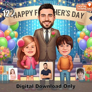 Caricatura personalizada del Día del Padre: Retrato familiar (Descarga digital, archivo JPEG/PDF tamaño A3)