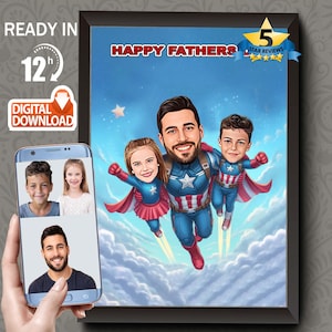 Ritratto personalizzato di Capitan America per papà e figlio, ritratto di supereroe della figlia, caricatura di supereroe personalizzata, regalo per papà, super papà, padre