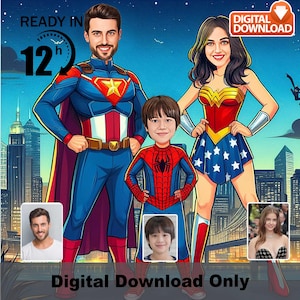 Custom Superhero Family Caricature - Personalized Heroic  Gift - Fun Cartoon for Avengers Fans & Comic Book Lovers, funny family