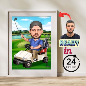 Golfer Birthday Gift - Custom Caricature Portrait From Your Photo , Golf Player Gift , Golf Cartoon,Golfer Caricature gift, Digital Download