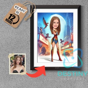 Whimsical Girl with Bird Caricature Custom Cartoon Portrait Playful Nature Illustration Digital Download Nursery Wall Art Cute Animal Lover