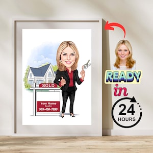 Custom Female Realtor Caricature, Cartoon Portrait, Real Estate Agent Caricature from Photo, Personalized Realtor Gift, Funny Office Art
