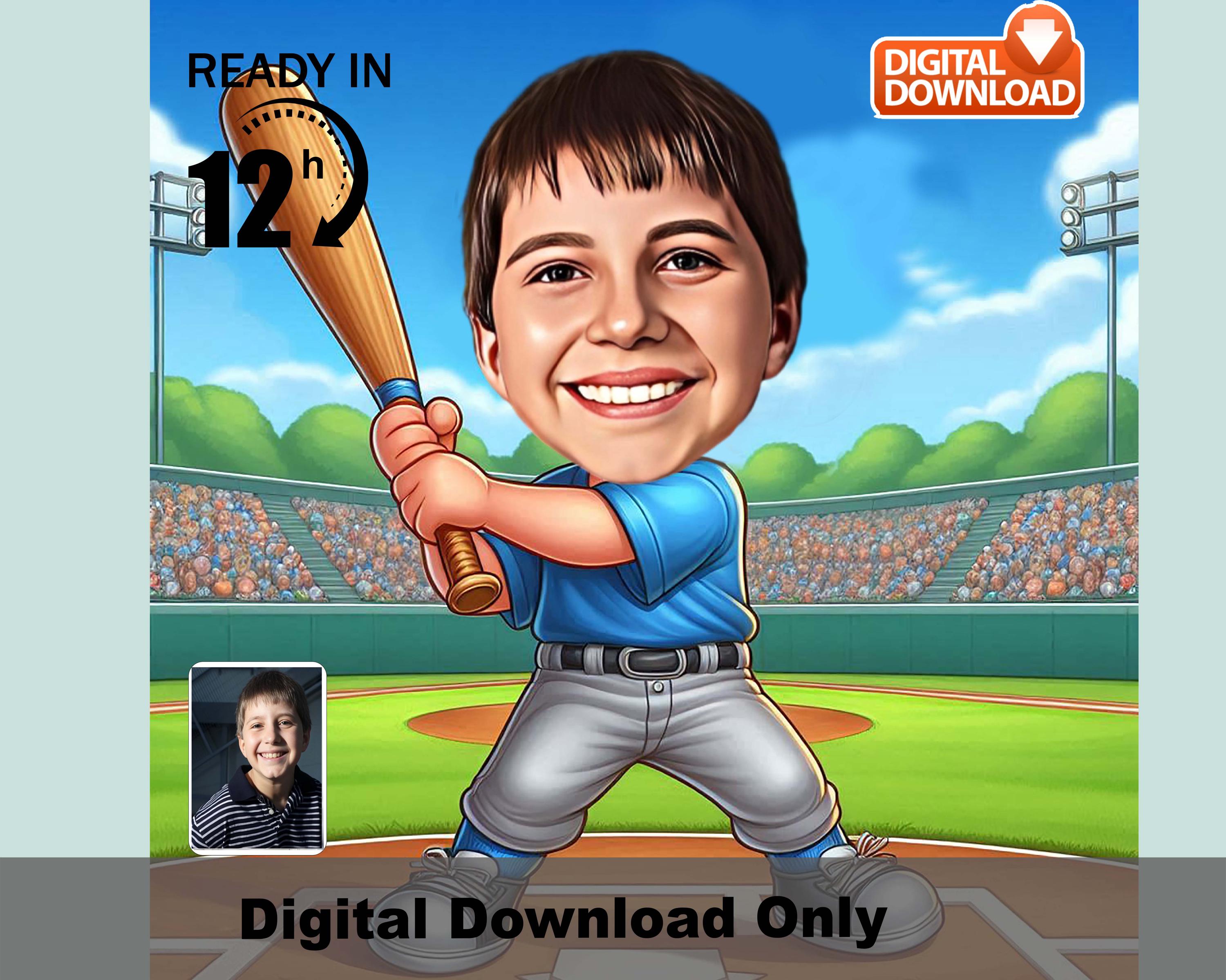 Custom Boy baseball player caricature, cartoon photo art, sports illustration, funny baseball gift, young athlete wall, kids sports art