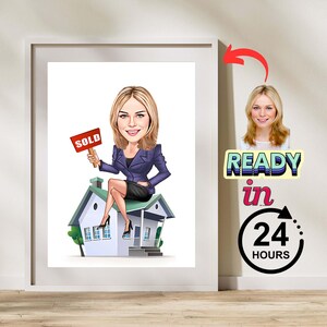 Custom Female Realtor Caricature, Cartoon Portrait, Real Estate Agent Caricature from Photo, Personalized Realtor Gift, Funny Office Art