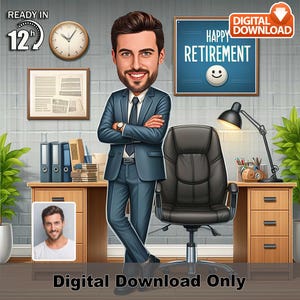 Caricatura personalizada de aposentadoria masculina, Homem em sala de escritório, Retrato de desenho animado personalizado, Presente de despedida personalizado, Arte digital, Chefe engraçado