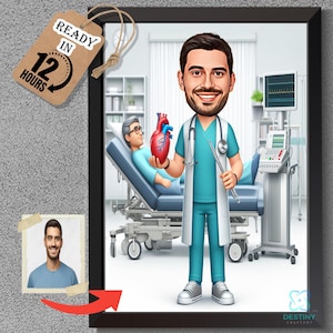 Cartoon Doctor With Patient - Custom Medical Caricature - Funny Physician Art - Digital Download - Clinic Wall Decor - Doctor Gift Idea&quot;