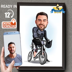 Personalized Cyclist Cartoon Portrait, Biker Portrait, Cyclist Gift, Cyclist Caricature, Custom Caricature, Caricature from Photo