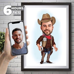 Retrato de desenho animado de policial cowboy a partir de foto, presente engraçado de policial cowboy para homens, caricatura de policial a partir de foto, policial