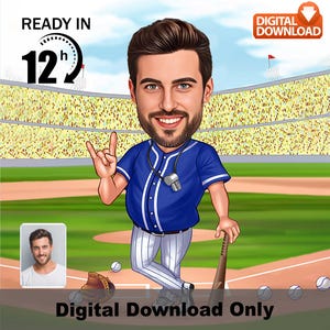 Caricatura personalizada de jogador de beisebol masculino – Retrato personalizado de atleta masculino – Presente engraçado para fãs de beisebol e amantes de esportes, foto de desenho animado,