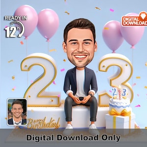 Benutzerdefinierte männliche Boss 23. alles Gute zum Geburtstag Karikatur mit Kuchen, Cartoon Fotokunst, jugendlich Geburtstagsgeschenk, lustige Partyillustration, Feierwand