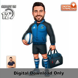 Benutzerdefinierte männlicher Rugby-Trainer Karikatur, Cartoon-Fotokunst, personalisiertes Sportgeschenk, lustige Teamleiterillustration, athletische Wanddekor für ihn