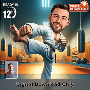 Custom Martial Arts Man Caricature, Personalized Fighter Cartoon Gift, Unique Artwork for Karate, Taekwondo, or MMA Enthusiasts,