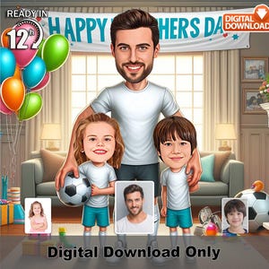 Caricatura personalizada del Día del Padre con niños y fútbol, arte fotográfico de dibujos animados, regalo para papá y familia, ilustración divertida del padre, pared de celebración,