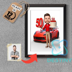 Caricatura de hombre con auto deportivo para el 50 cumpleaños. Retrato personalizado de caricatura a partir de una foto, regalo artístico de un auto de lujo, descarga digital para la edad del hito.