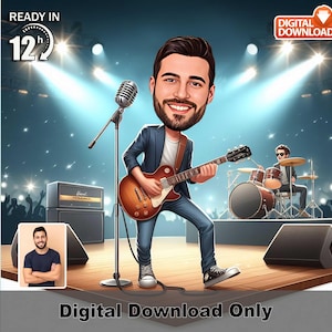 Benutzerdefinierte männliche Rockstar Karikatur, Cartoon Fotokunst, männlicher Musiker mit Gitarre und Mikrofon, lustiges Musik-Liebhabergeschenk, Konzertwanddekor für ihn,