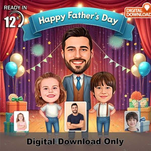 Caricatura personalizada del Día del Padre: Retrato familiar (Descarga digital, archivo JPEG/PDF tamaño A3)