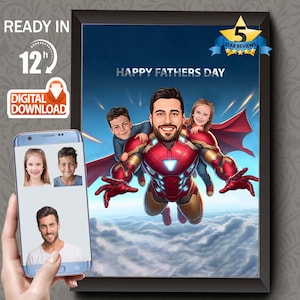 Custom Superhero Dad and Son Caricature Portrait (Digital Download)