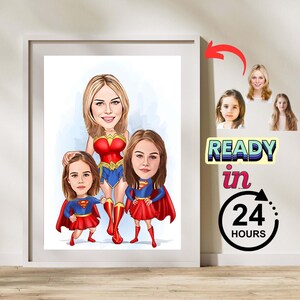 Super famiglia personalizzata, ritratto di cartone animato, super ritratto, regalo di famiglia, caricatura di super famiglia, caricatura di supereroe, cartone animato di Capitan America