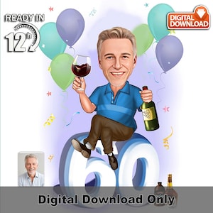 Benutzerdefinierte männliche Chef 60. Geburtstag Karikatur mit Martini-Glas und Flasche, Cartoon-Fotokunst, lustiges Bürogeschenk, Party-Wanddekor für ihn,