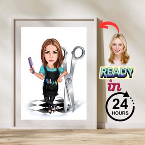 Custom Hairdresser Cartoon Portrait: Personalized Barber Gift (Digital Download)