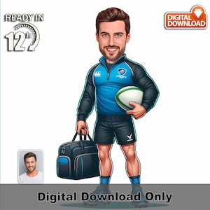 Caricatura personalizzata di un allenatore di rugby maschile, foto artistica in stile fumetto, regalo sportivo personalizzato, illustrazione divertente di un leader di squadra, decorazione murale sportiva per lui