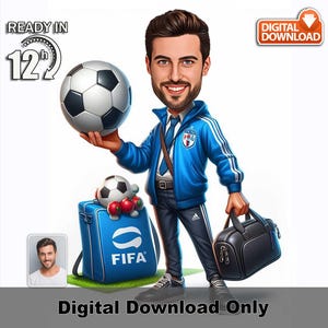 Aangepaste karikatuur mannelijke voetbalcoach Los Angeles, cartoonfotokunst, gepersonaliseerd cadeau, grappige coachillustratie, voetbalcoach met zijn tas