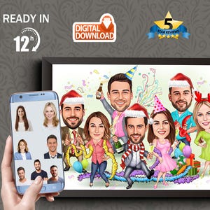 Christmas Family Caricature Portrait, Christmas Group Drawing from Photo, Christmas Funny Gift, Digital Cartoon Portrait, Family Gift