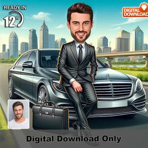 Male Boss Caricature with Luxury Car –Custom Digital Portrait from Photo, Funny Executive Cartoon Gift for Him, Luxury Car, Ready in 12 Hour