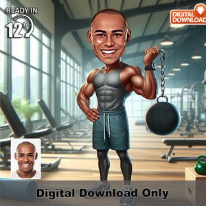Caricatura personalizada de homem levantando pesos – Retrato de fitness personalizado a partir de foto, presente de desenho animado de fisiculturista personalizado, arte digital em 12 horas,