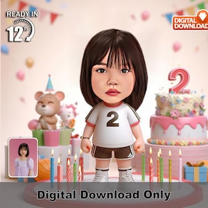 Custom Girl 2nd happy birthday caricature, cartoon photo art, funny kids gift, personalized party illustration, celebration wall décor for