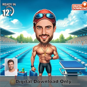 Caricatura personalizada de nadador masculino em competição – Foto de retrato digital personalizada, presente de desenho animado esportivo para ele, arte de competição de natação, pronto em 12 horas