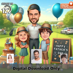 Caricatura personalizzata per la festa del papà con bambini al parco, foto artistica dei cartoni animati, regalo per papà e famiglia, illustrazione divertente del padre, decorazione murale per la festa,