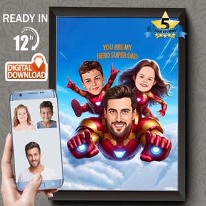 Custom Superhero Family Caricature Portrait: Iron-Man Dad & Kids (Digital Download)